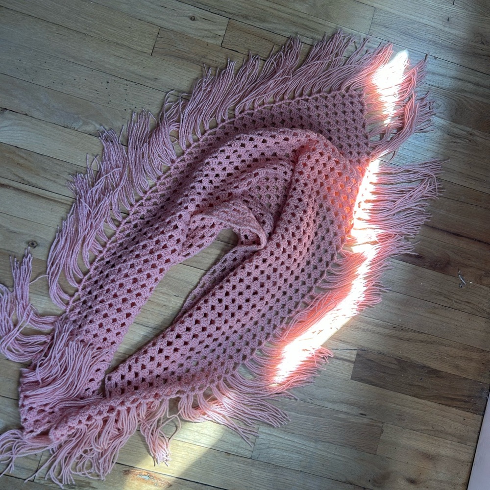 Pink Fringed Crochet Shawl